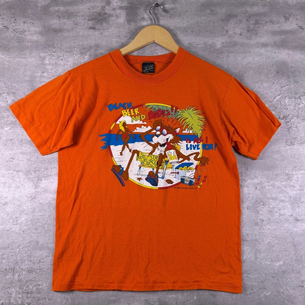 Vintage 80s Tropix Top Half T-Shirt Boxy Orange Beach Beer Babes Graphic Mens L